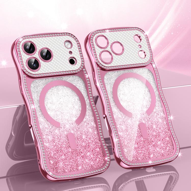 For iPhone 17 Pro Wavy Frame Star Diamond Electroplate TPU Glitter Magnetic Phone Case(Gradient Pink)