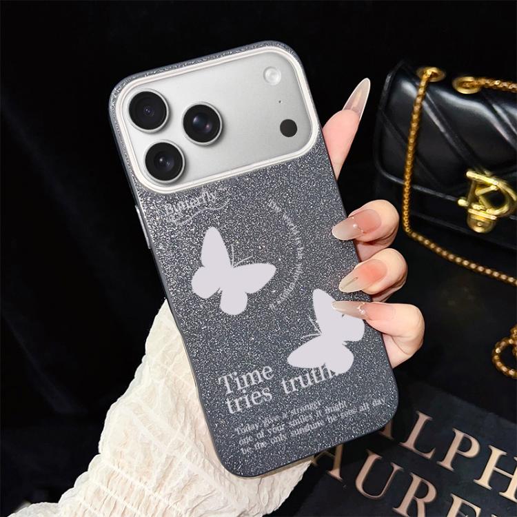 For iPhone 17 Pro White Butterflies Pattern IMD Glitter PC Hybrid TPU Phone Case(Black)
