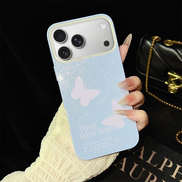 For iPhone 17 Pro White Butterflies Pattern IMD Glitter PC Hybrid TPU Phone Case(Blue)