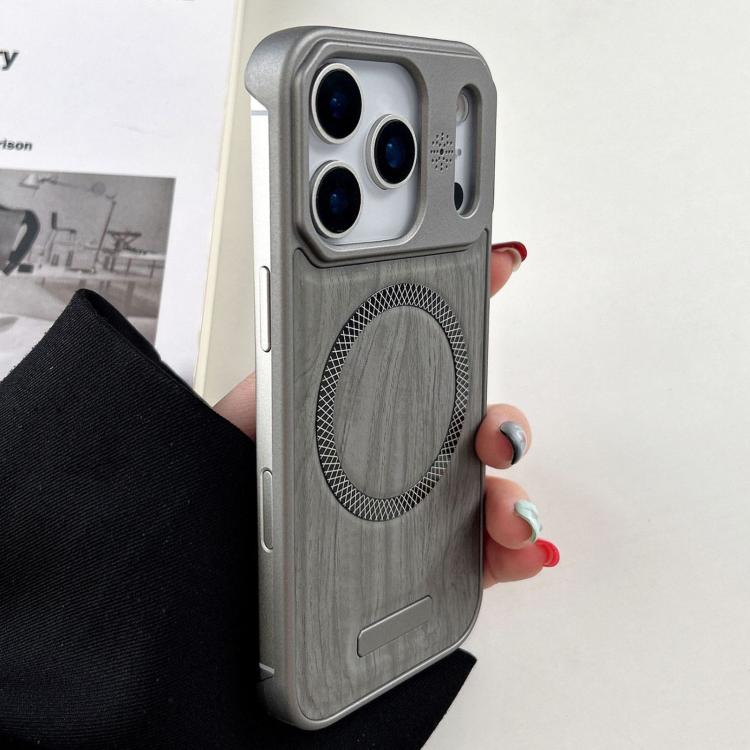 For iPhone 17 Pro Wood Grain Magnetic PC Shockproof Phone Case(Light Gray)