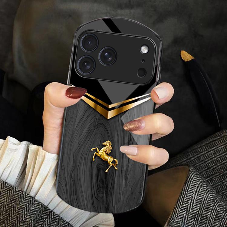 For iPhone 17 Pro Wood Texture Golden Horse Pattern TPU + PC + Tempered Glass Phone Case(Black)