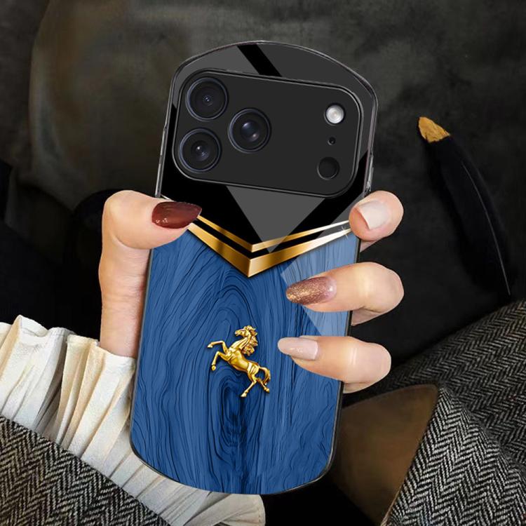 For iPhone 17 Pro Wood Texture Golden Horse Pattern TPU + PC + Tempered Glass Phone Case(Blue)