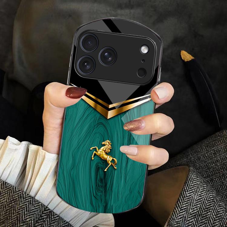 For iPhone 17 Pro Wood Texture Golden Horse Pattern TPU + PC + Tempered Glass Phone Case(Green)