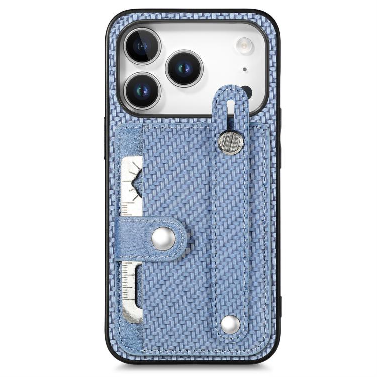 For iPhone 17 Pro Wristband Kickstand Card Wallet Back Phone Case with Tool Knife(Blue)