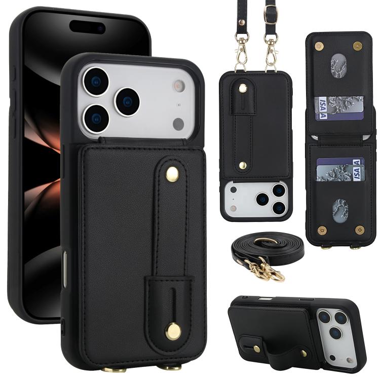 For iPhone 17 Pro Wristband Vertical Flip Wallet Back Cover Phone Case with Long Lanyard(Black)