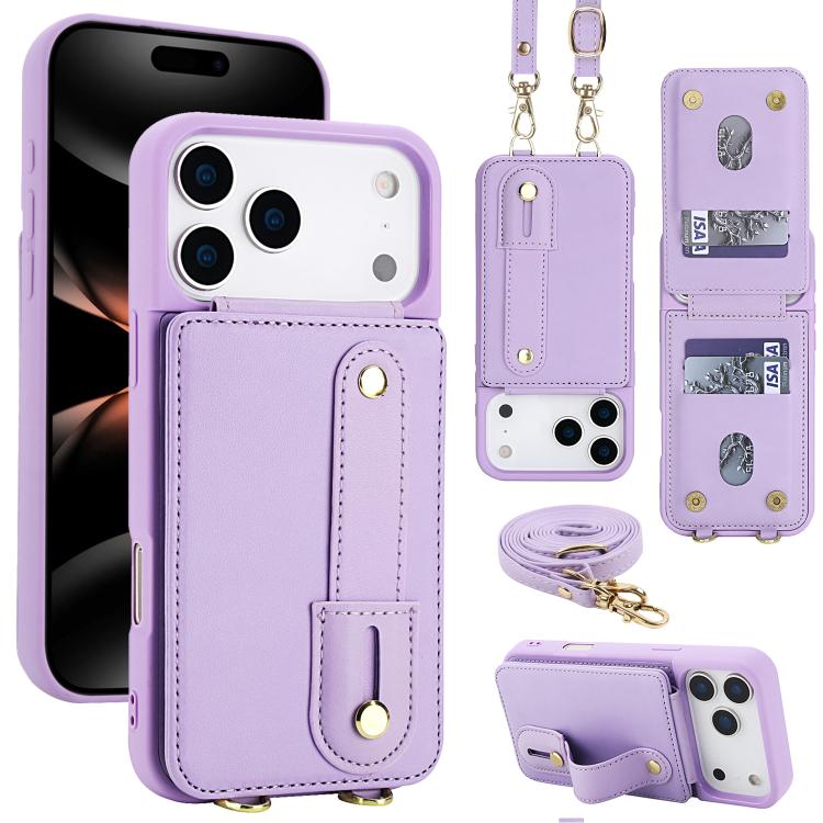 For iPhone 17 Pro Wristband Vertical Flip Wallet Back Cover Phone Case with Long Lanyard(Purple)