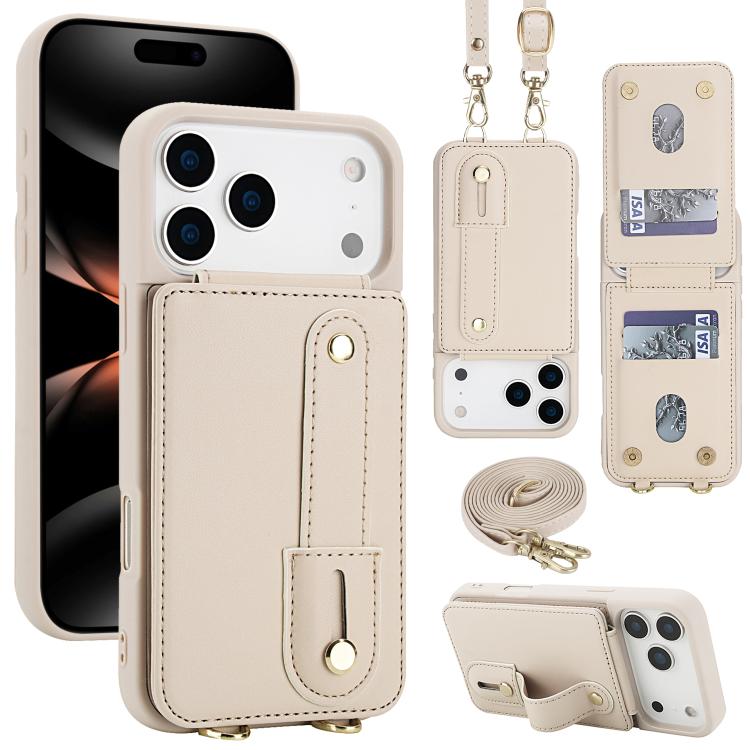 For iPhone 17 Pro Wristband Vertical Flip Wallet Back Cover Phone Case with Long Lanyard(White)