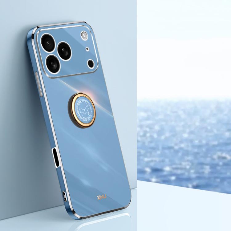 For iPhone 17 Pro XINLI Straight Edge 6D Electroplate TPU Phone Case with Ring Holder(Celestial Blue)