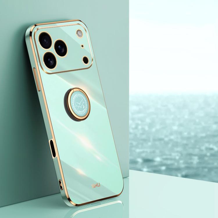 For iPhone 17 Pro XINLI Straight Edge 6D Electroplate TPU Phone Case with Ring Holder(Mint Green)