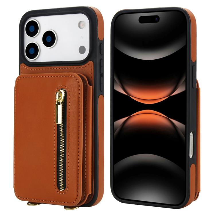 For iPhone 17 Pro YM006 Skin Feel Zipper Card Bag Phone Case with Dual Lanyard(Brown)