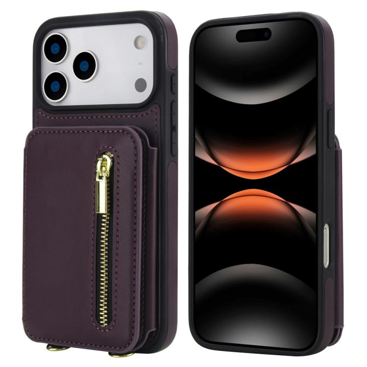 For iPhone 17 Pro YM006 Skin Feel Zipper Card Bag Phone Case with Dual Lanyard(Dark Purple)