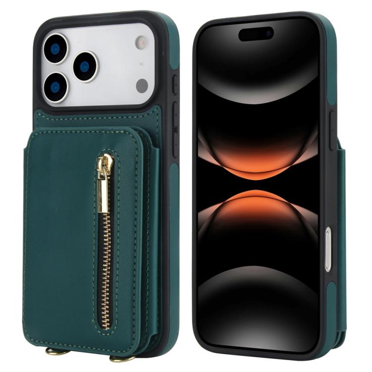 For iPhone 17 Pro YM006 Skin Feel Zipper Card Bag Phone Case with Dual Lanyard(Green)