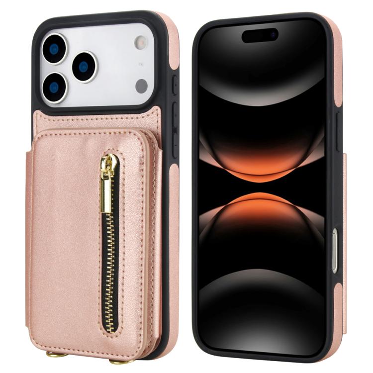 For iPhone 17 Pro YM006 Skin Feel Zipper Card Bag Phone Case with Dual Lanyard(Rose Gold)