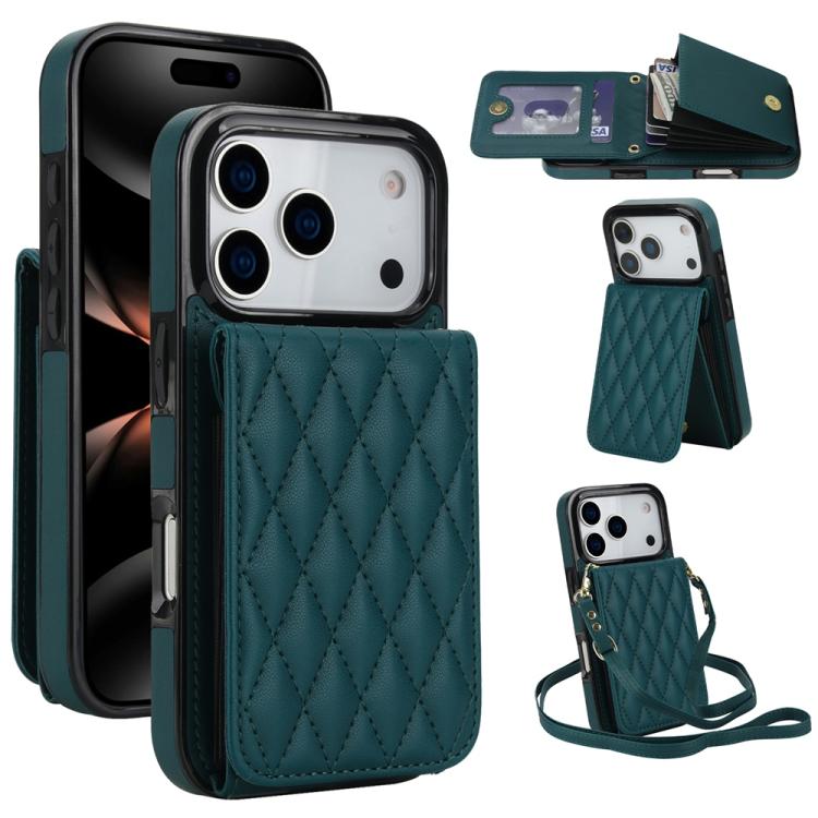 For iPhone 17 Pro YM015 Crossbody Rhombic Card Bag RFID Phone Case(Green)