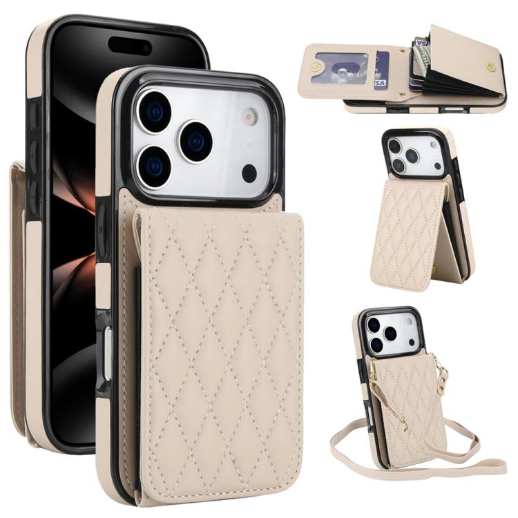 For iPhone 17 Pro YM015 Crossbody Rhombic Card Bag RFID Phone Case(White)