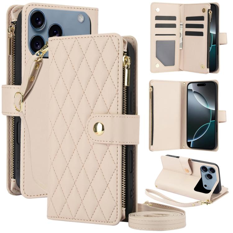 For iPhone 17 Pro YM016 Rhombic Zipper Card Wallet Leather Phone Case with Lanyard(Apricot)