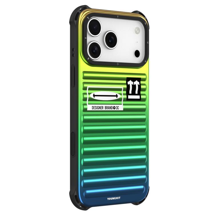 For iPhone 17 Pro YOUNGKIT Secret Color Laser Gradient Aluminium Alloy TPU Phone Case(Orange Green Blue)