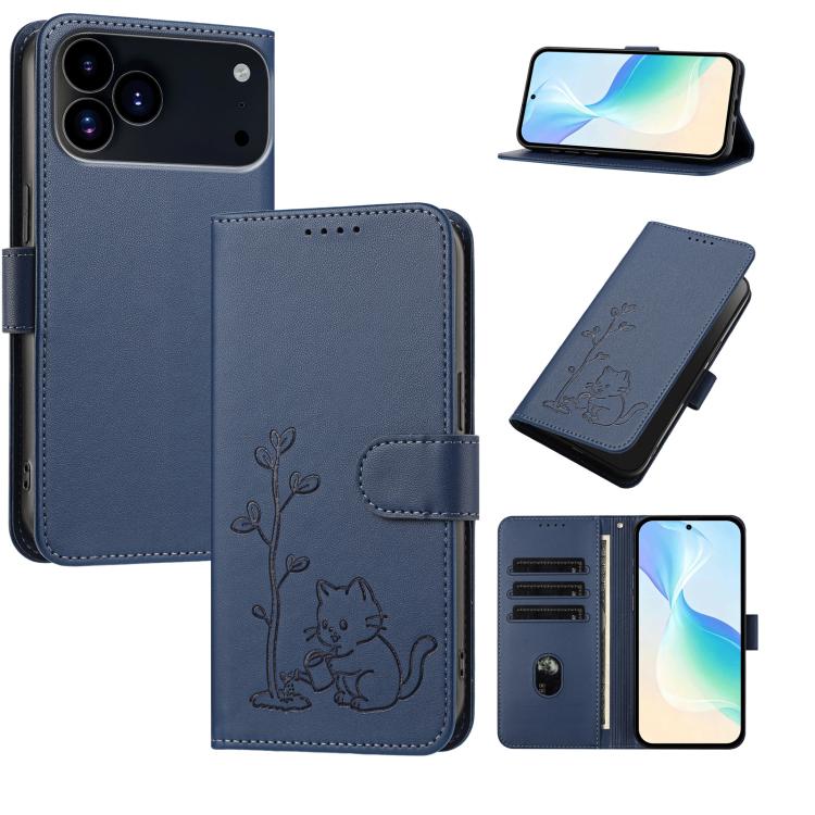 For iPhone 17 Pro YX0014 Cat Watering Tree Buckle Vegan Leather Phone Case with Lanyard(Dark Blue)