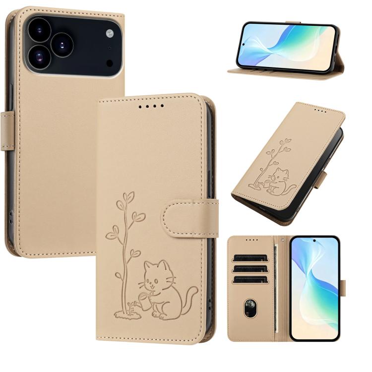 For iPhone 17 Pro YX0014 Cat Watering Tree Buckle Vegan Leather Phone Case with Lanyard(Gold)