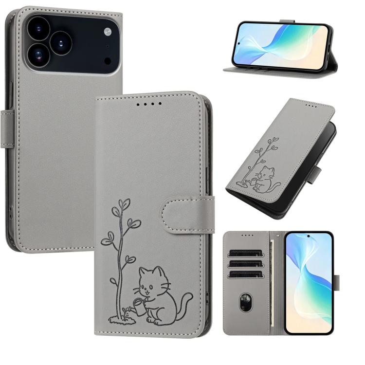 For iPhone 17 Pro YX0014 Cat Watering Tree Buckle Vegan Leather Phone Case with Lanyard(Grey)