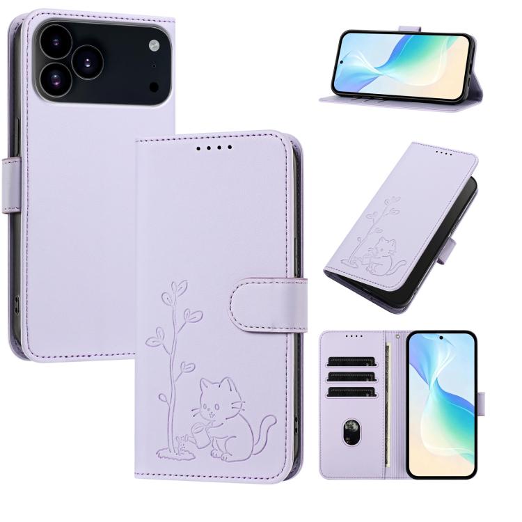 For iPhone 17 Pro YX0014 Cat Watering Tree Buckle Vegan Leather Phone Case with Lanyard(Light Purple)