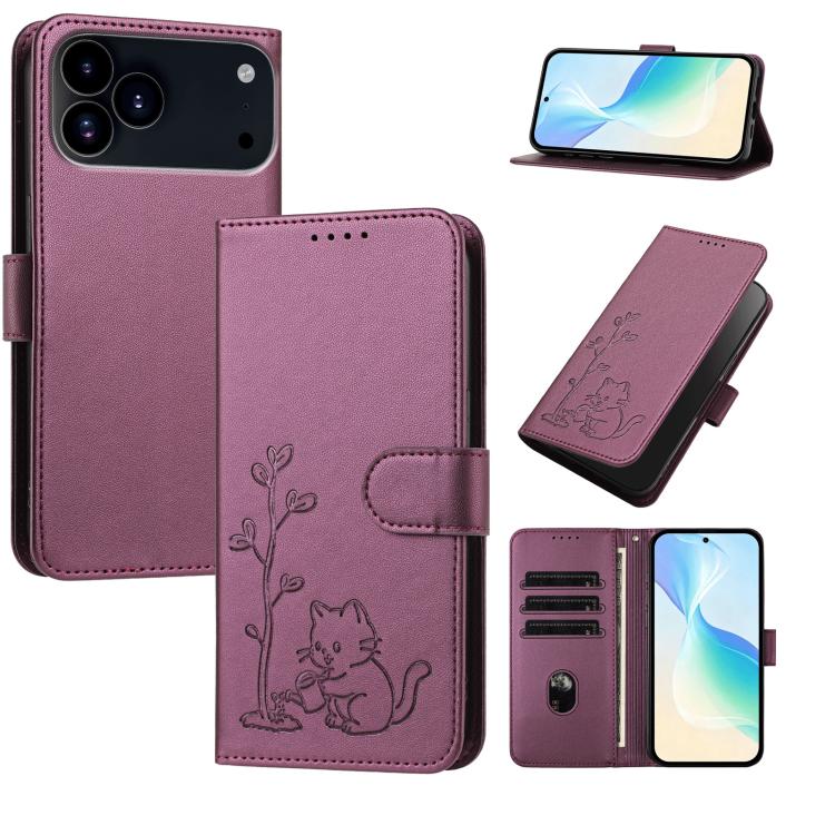 For iPhone 17 Pro YX0014 Cat Watering Tree Buckle Vegan Leather Phone Case with Lanyard(Purple)