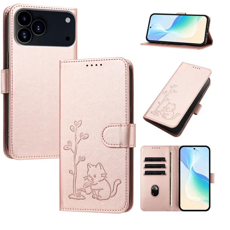 For iPhone 17 Pro YX0014 Cat Watering Tree Buckle Vegan Leather Phone Case with Lanyard(Rose Gold)