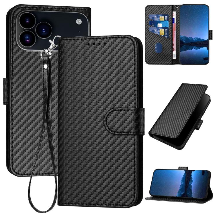 For iPhone 17 Pro YX0070 Carbon Fiber Buckle Leather Phone Case with Lanyard(Black)