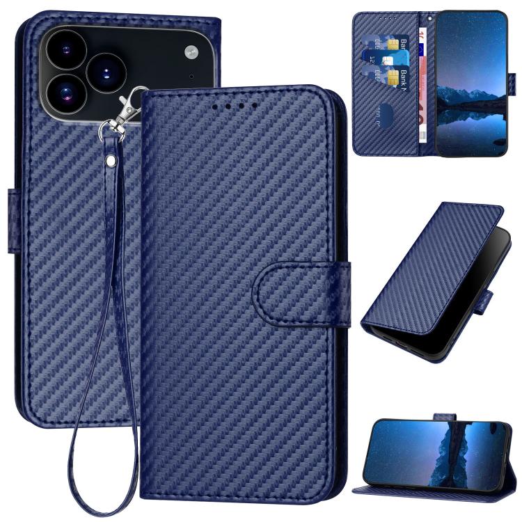 For iPhone 17 Pro YX0070 Carbon Fiber Buckle Leather Phone Case with Lanyard(Royal Blue)