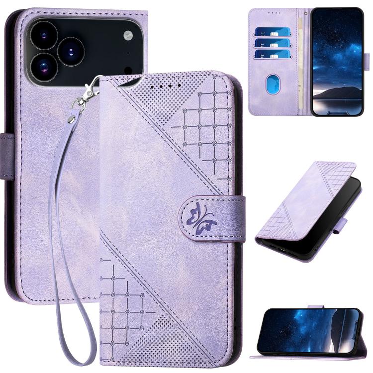 For iPhone 17 Pro YX0080 Grid Butterfly Embossed Pattern Flip Leather Phone Case with Lanyard(Light Purple)