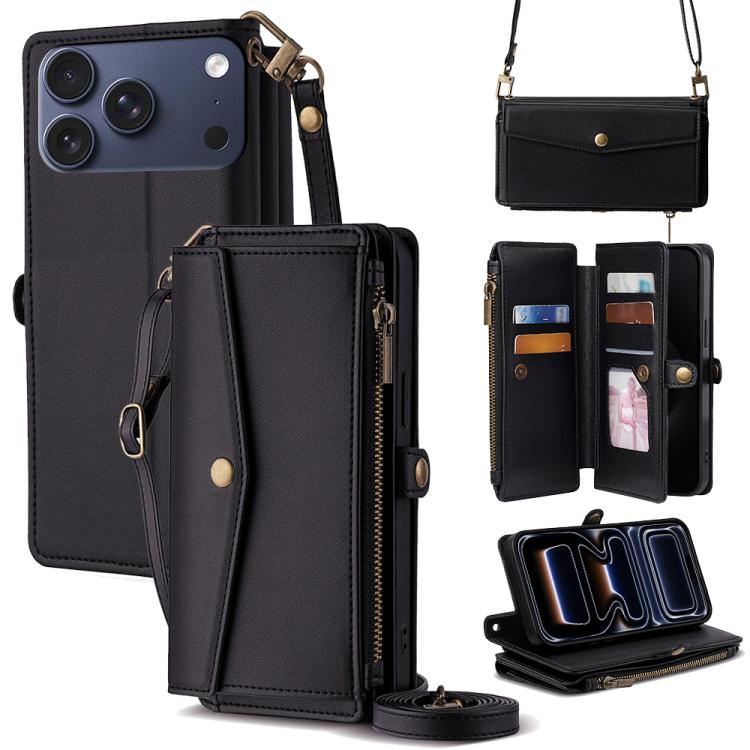 For iPhone 17 Pro Zipper Wallet Side Buckle Crossbody Lanyard Leather Phone Case(Black)