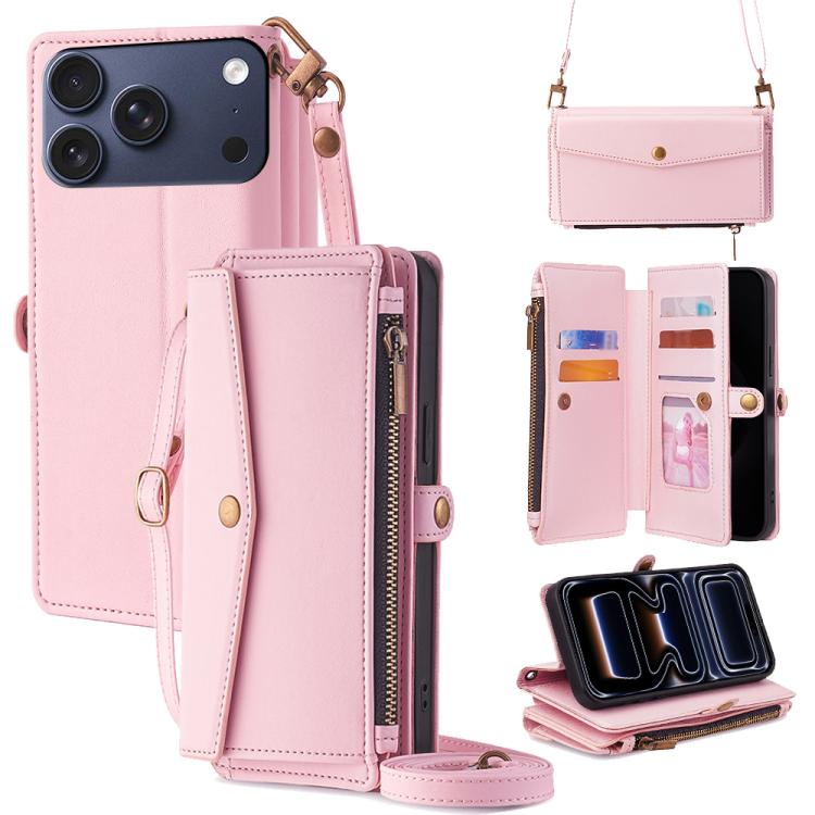 For iPhone 17 Pro Zipper Wallet Side Buckle Crossbody Lanyard Leather Phone Case(Rose Gold)