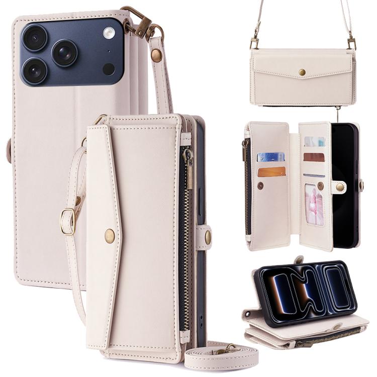 For iPhone 17 Pro Zipper Wallet Side Buckle Crossbody Lanyard Leather Phone Case(White)