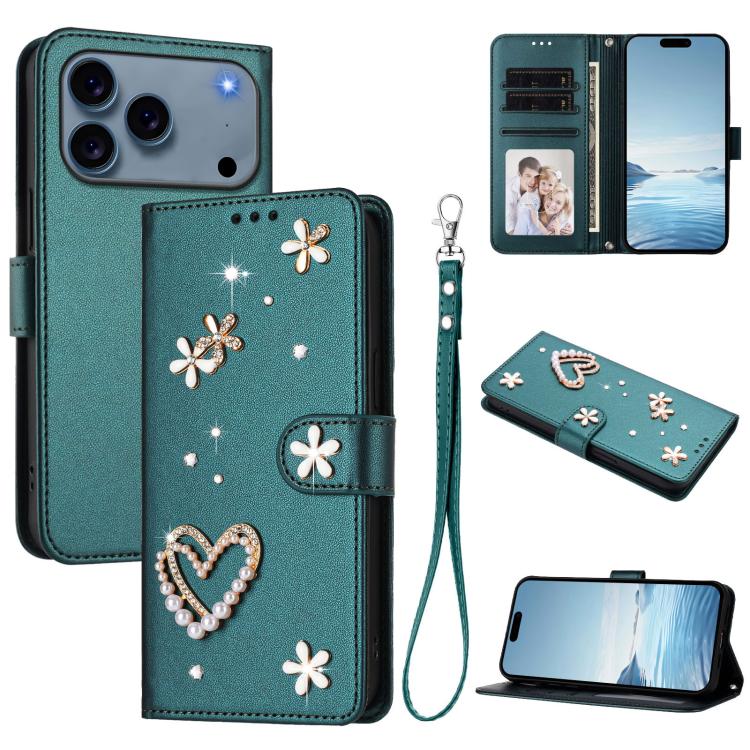 For iPhone 17 Pro ZS01 Double-Layer Heart Floral Vegan Leather Phone Case with Wrist Strap(Dark Green)