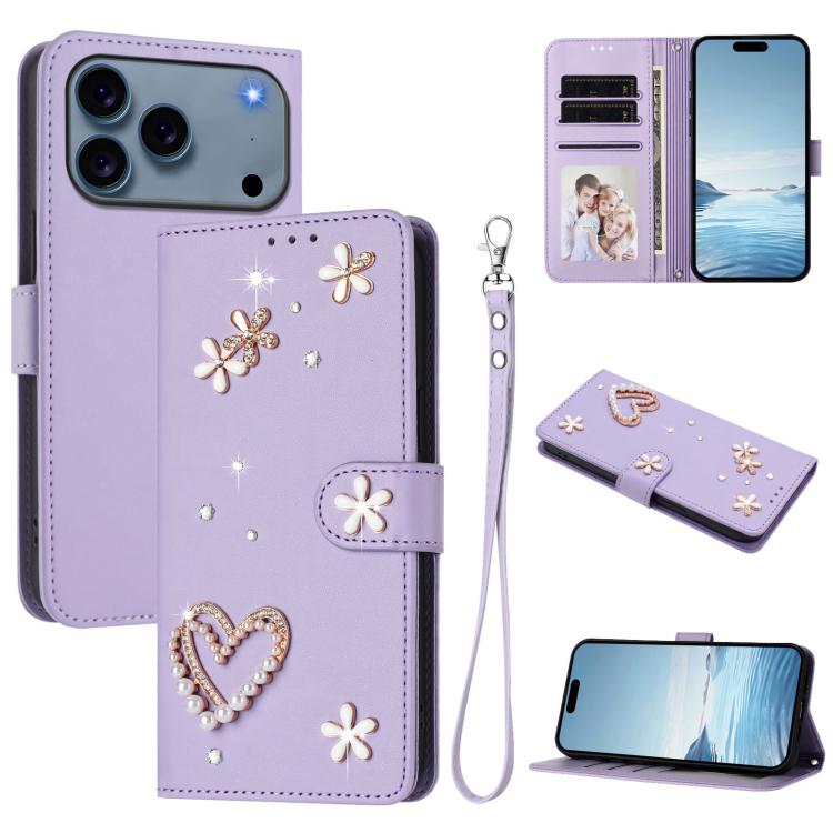 For iPhone 17 Pro ZS01 Double-Layer Heart Floral Vegan Leather Phone Case with Wrist Strap(Light Purple)