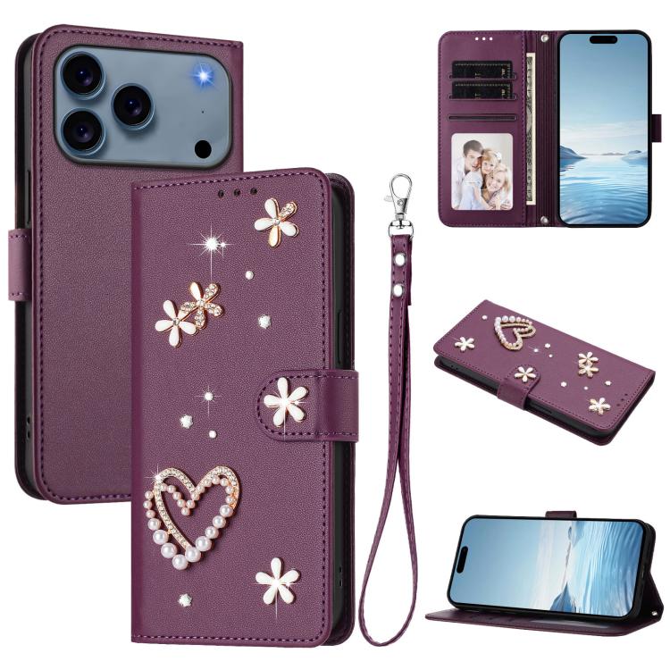 For iPhone 17 Pro ZS01 Double-Layer Heart Floral Vegan Leather Phone Case with Wrist Strap(Violet)