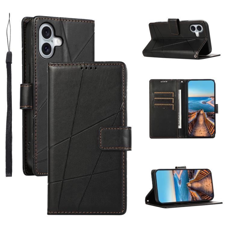 For iPhone 17 PU Genuine Leather Texture Embossed Line Phone Case(Black)