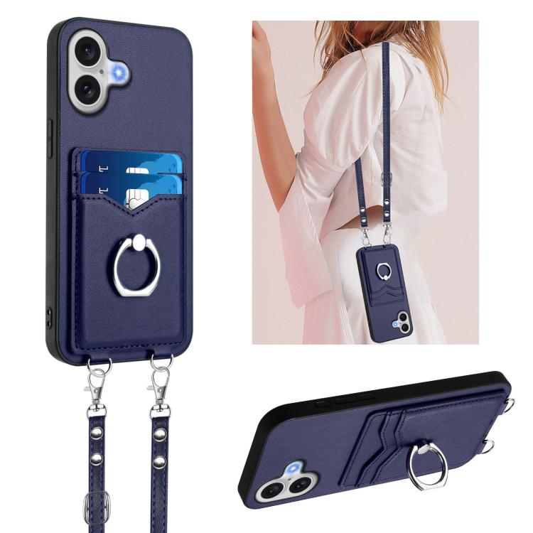 For iPhone 17 R20 Crossbody Rope Ring Card Holder Phone Case(Blue)