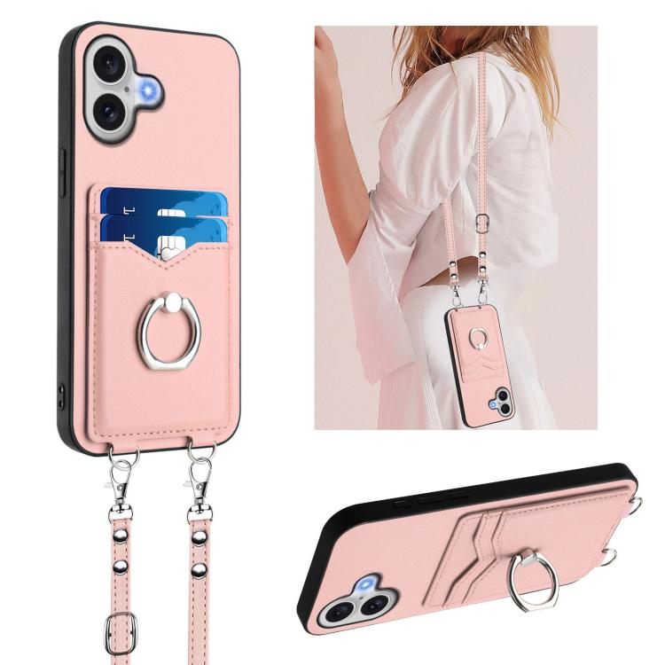 For iPhone 17 R20 Crossbody Rope Ring Card Holder Phone Case(Pink)