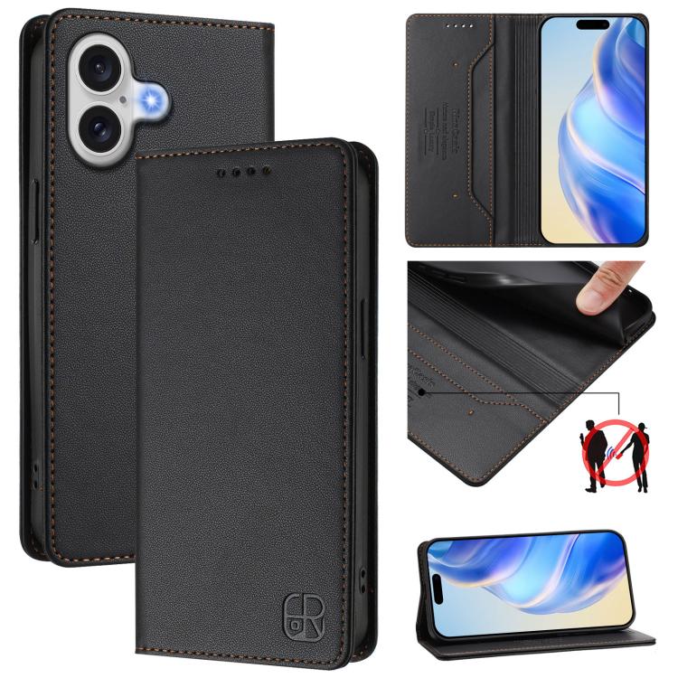 For iPhone 17 RC01 Dual-Folded Magnetic Suction RFID Leather Phone Case(Black)