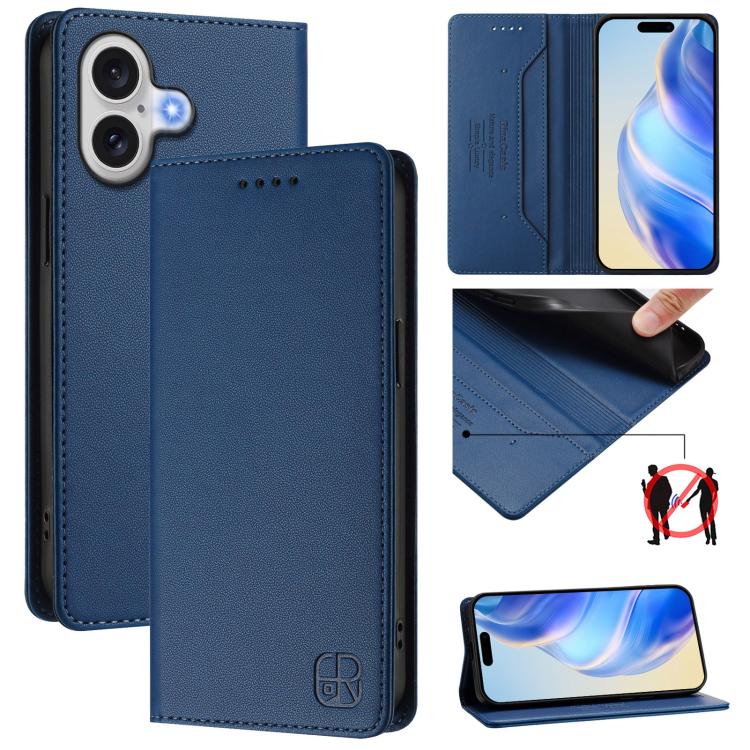 For iPhone 17 RC01 Dual-Folded Magnetic Suction RFID Leather Phone Case(Dark Blue)