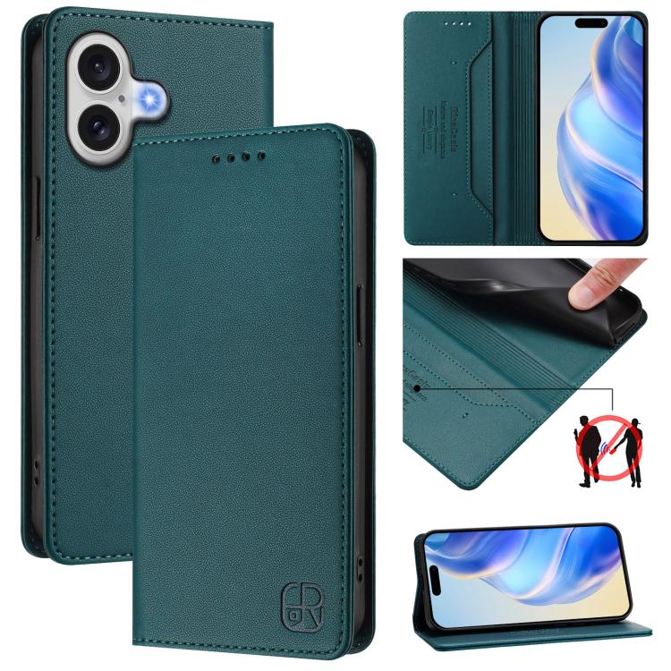 For iPhone 17 RC01 Dual-Folded Magnetic Suction RFID Leather Phone Case(Dark Green)