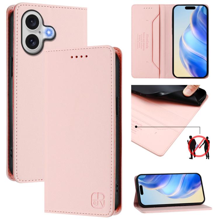 For iPhone 17 RC01 Dual-Folded Magnetic Suction RFID Leather Phone Case(Pink)