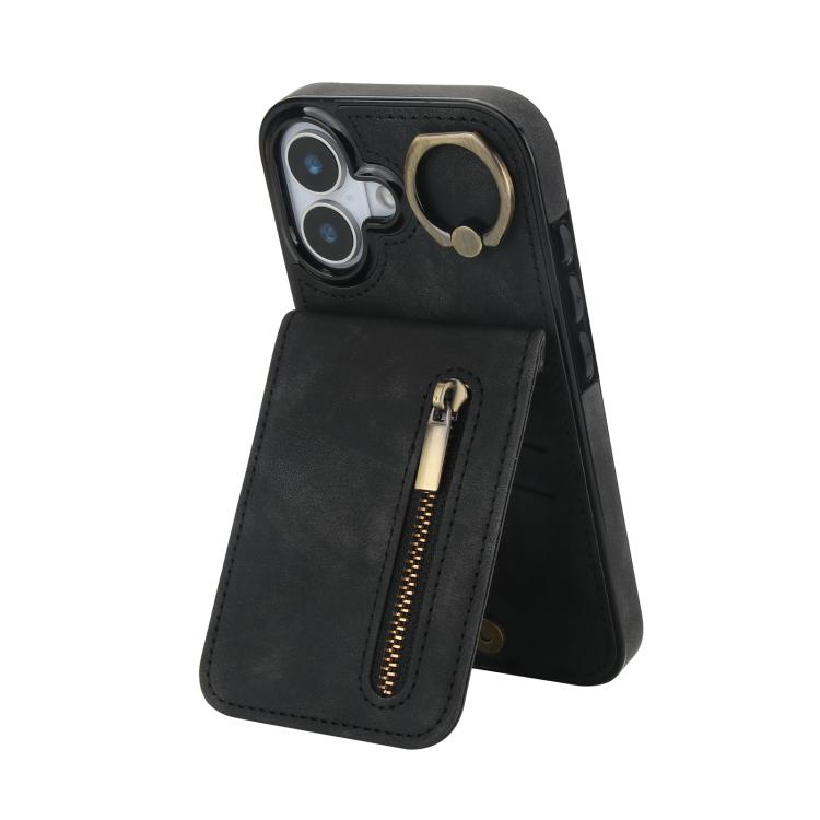 For iPhone 17 Retro Ring and Zipper RFID Card Slot Phone Case(Black)