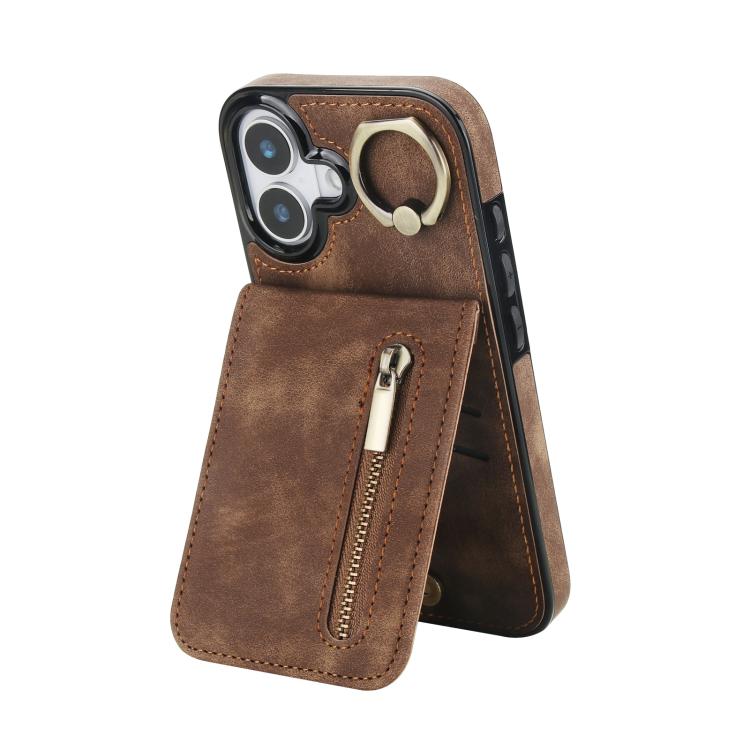 For iPhone 17 Retro Ring and Zipper RFID Card Slot Phone Case(Brown)