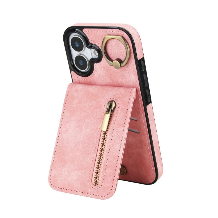 For iPhone 17 Retro Ring and Zipper RFID Card Slot Phone Case(Pink)