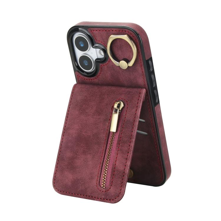 For iPhone 17 Retro Ring and Zipper RFID Card Slot Phone Case(Wine Red)