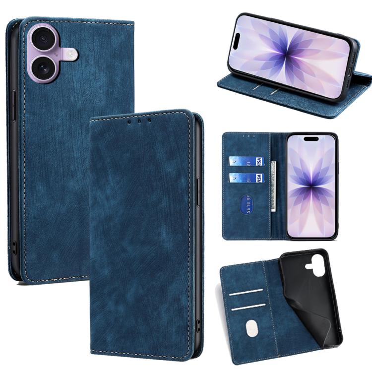 For iPhone 17 RFID Anti-theft Brush Magnetic Leather Phone Case(Blue)