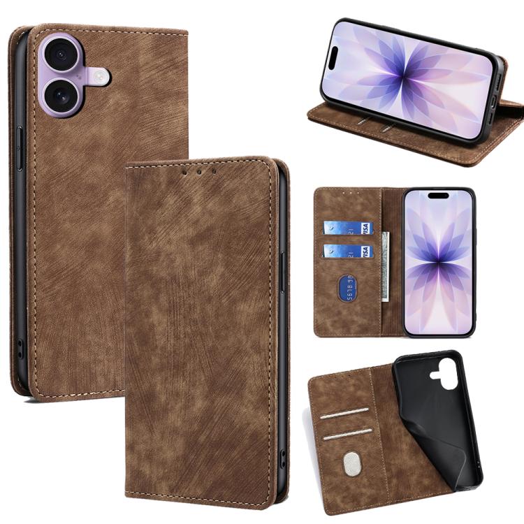 For iPhone 17 RFID Anti-theft Brush Magnetic Leather Phone Case(Brown)