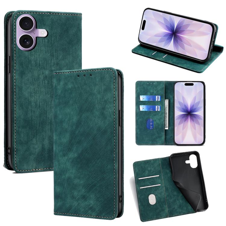 For iPhone 17 RFID Anti-theft Brush Magnetic Leather Phone Case(Green)